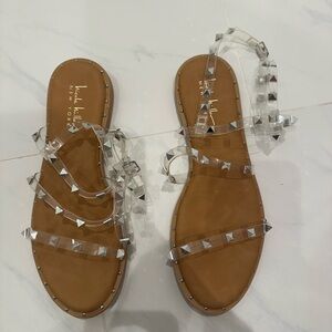 Nicole Miller Cream and Brown Studded Sandals